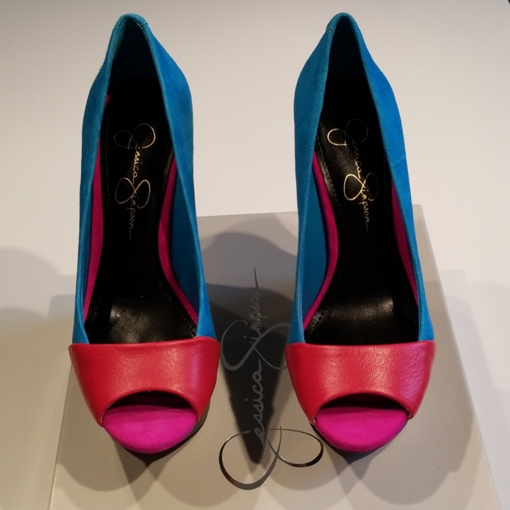 Jessica Simpson Red Blue Suede Open-Toe Wedges